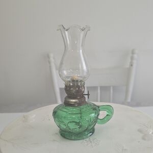Vintage Clear Green Glass Small Oil Lamp